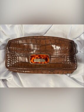 ANTONIO MELANI Brown Croc-Embossed Clutch with Tortoiseshell Accent